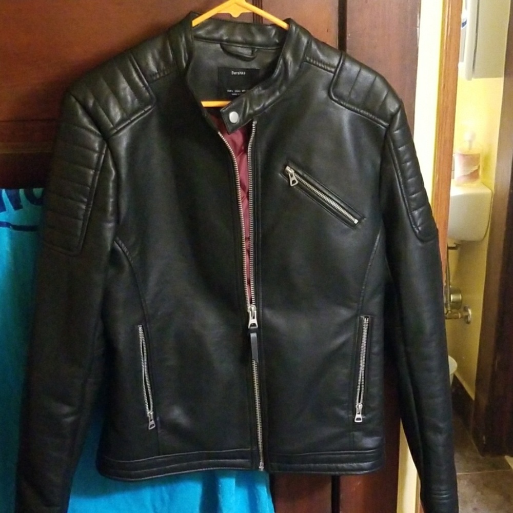 Black men's biker style synthetic leather jacket